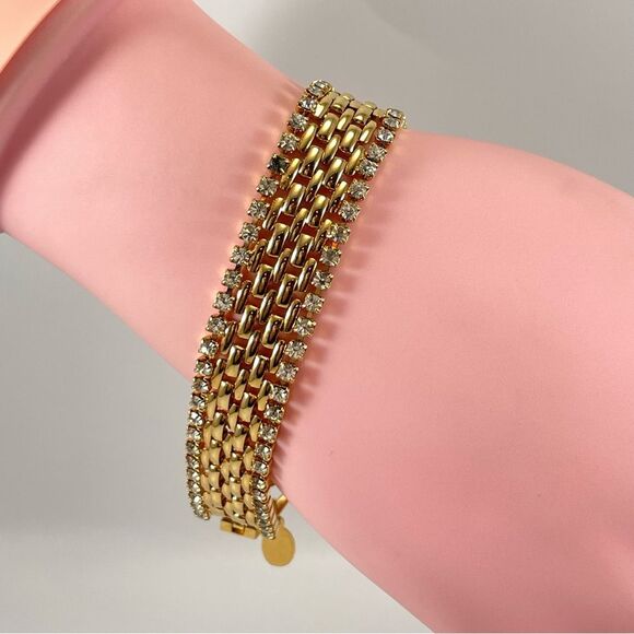 Vintage Kenneth Jay Lane KJL Gold Tone Rhinestone Chain Tennis Bracelet Elegant - Picture 3 of 8